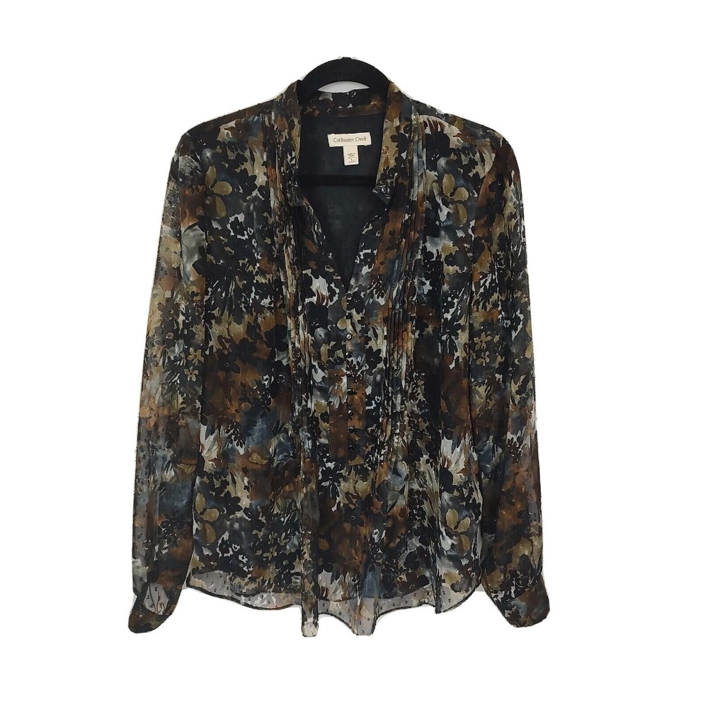 Coldwater Creek Floral Print Sheer Blouse Long Sleeve Button Front Size XL‎